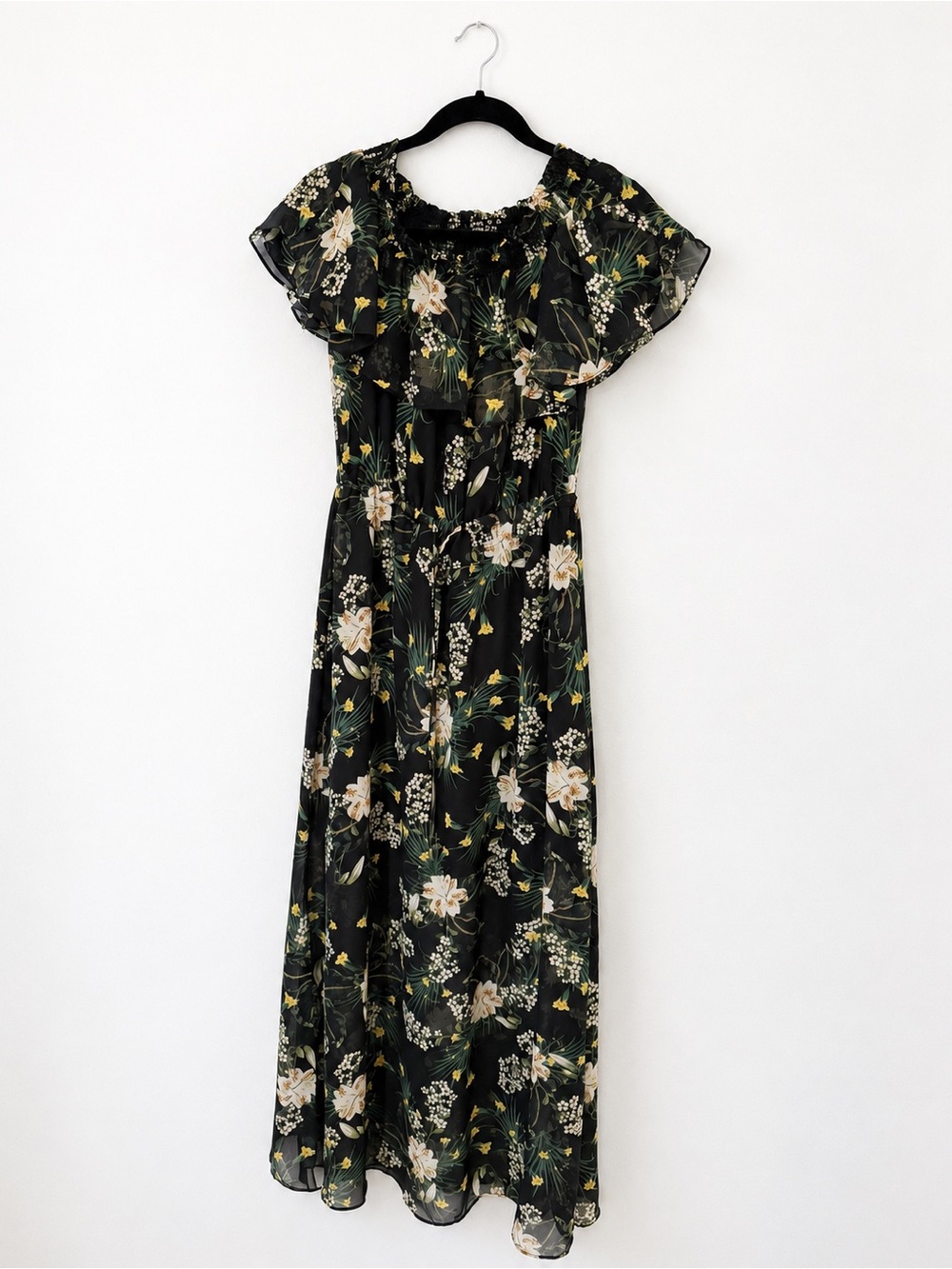 Black Floral Maxi Dress, Flutter Sleeves, Elastic Waist, One Size, Like New
